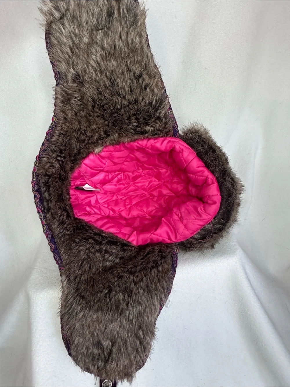 REI Womens S/M Purple Wool Trapper Hat Faux Fur Ear Flap Paisley Y2K Winter